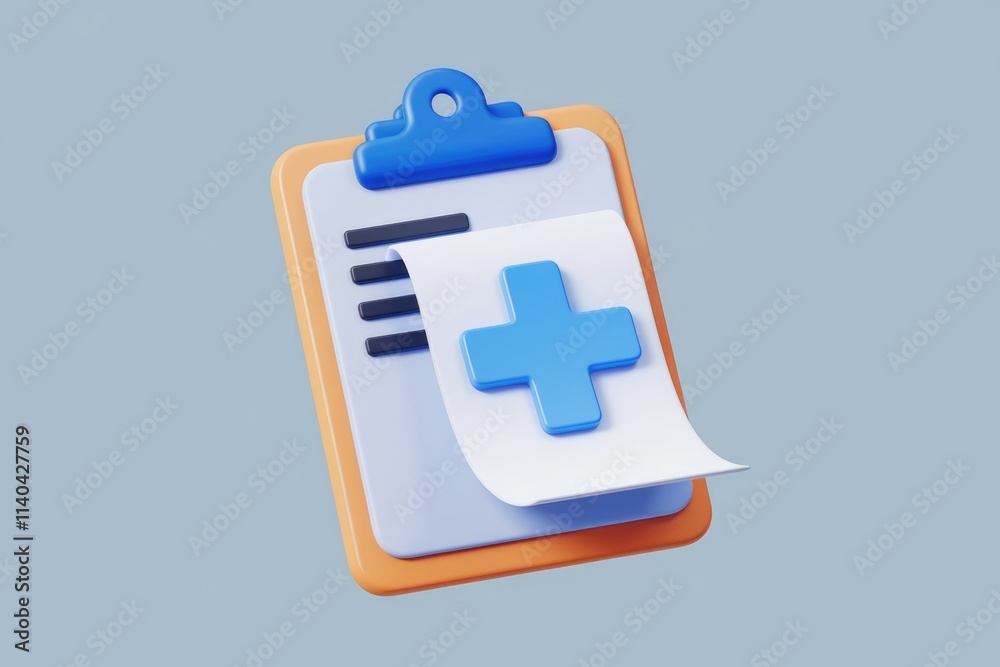 Poster 3D rendering of a clipboard with a medical cross  symbolizing healthcare records or forms.