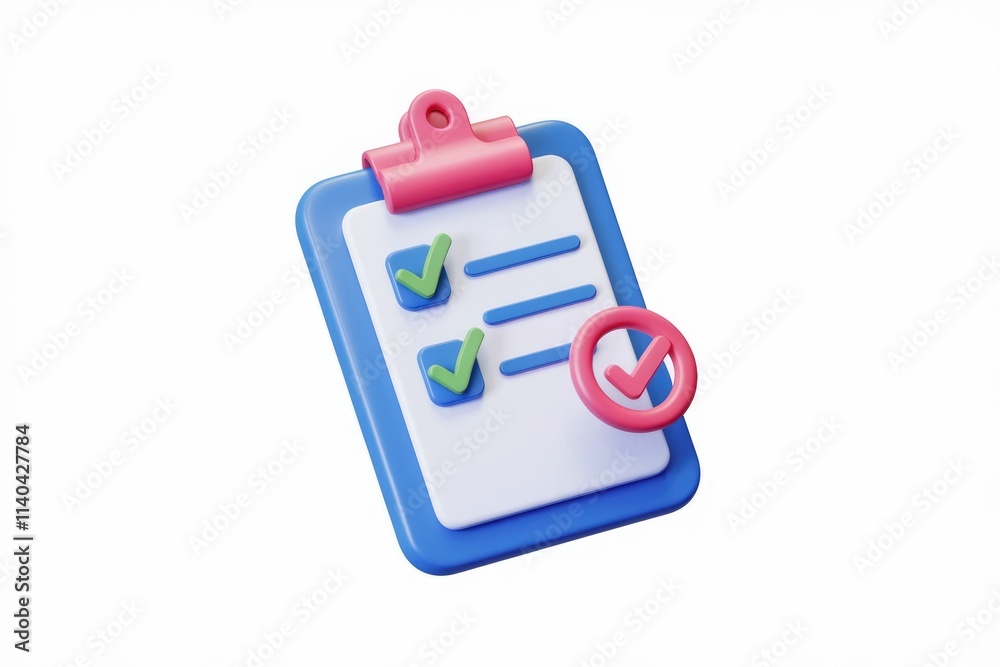 Poster 3D checklist clipboard with checkmarks for task organization.