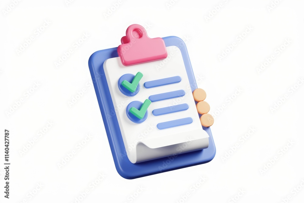 Poster 3D rendering of a checklist on a clipboard  signifying task completion and organization.