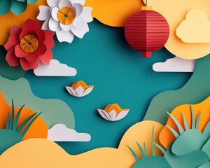 A papercut lotus pond adorned with origamistyle dumplings and Chinese New Year symbols