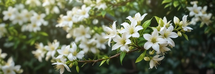 Delicate white jasmine flower buds in a garden, exotic flowers, botanical