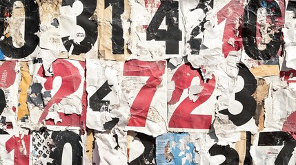 Obraz premium Torn posters reveal loudly layered numeric patterns photo closeup.. AI Generated