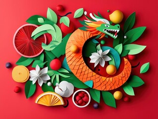 Obraz premium A Chinese New Year papercut collage featuring origami dragons, food, and zodiac animals