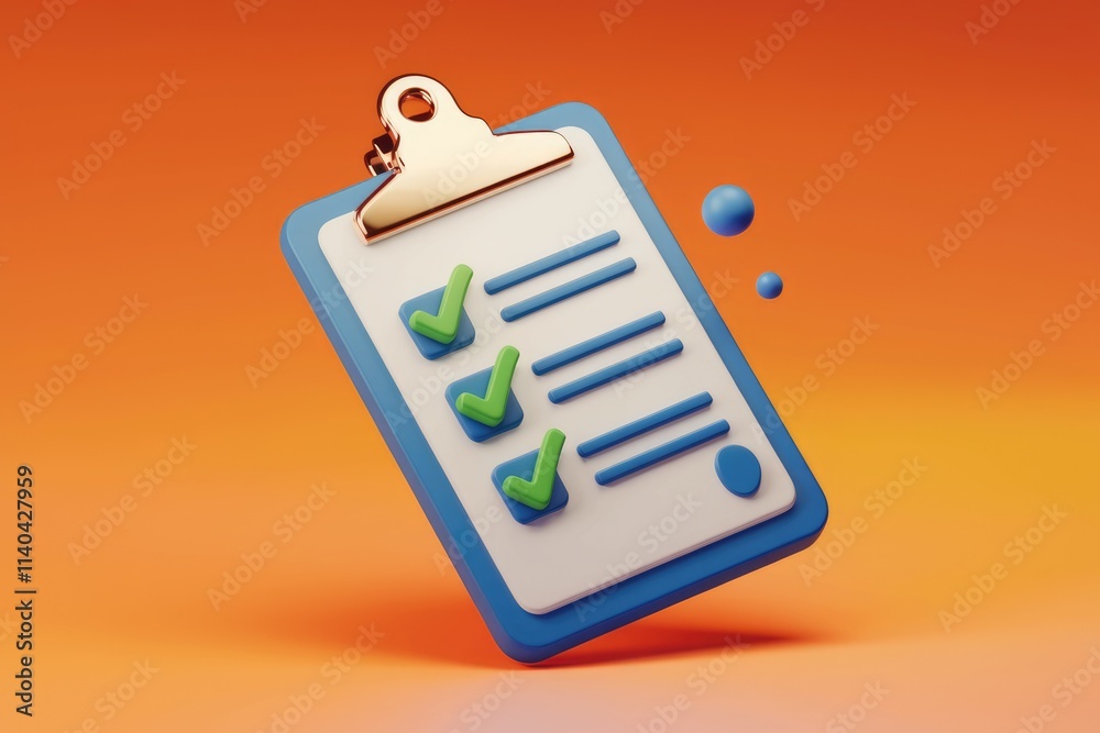Poster A 3D rendering of a clipboard with checkmarks  signifying task completion or a checklist.