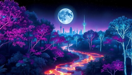 Obraz premium Enchanted Night: Cityscape and Luminous Forest