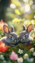 Adorable Baby Bunnies Among Spring Flowers