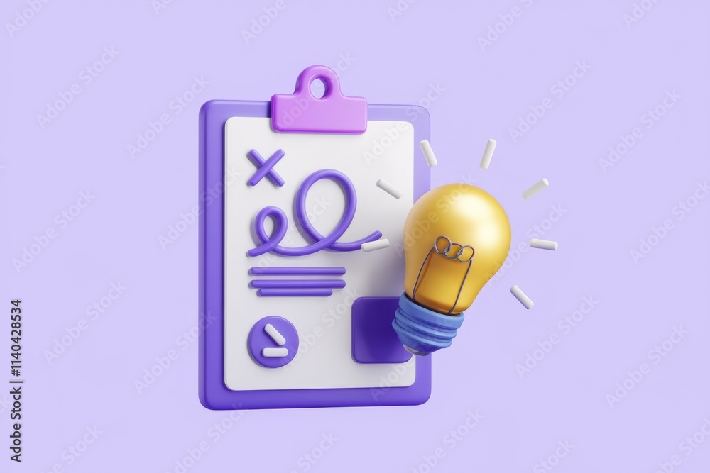 Poster A 3D rendering of a clipboard with a lightbulb  symbolizing idea generation and planning.
