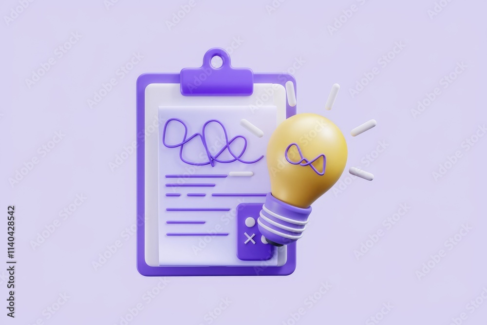 Poster a purple clipboard with a lightbulb signifying innovative ideas and solutions documented.