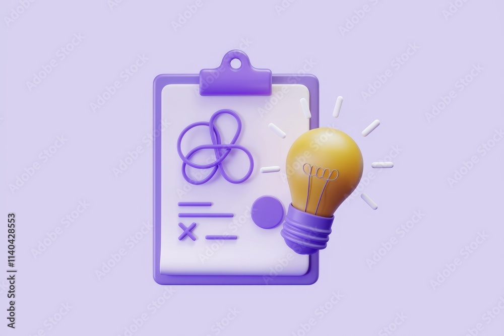 Poster purple clipboard with tangled design and lightbulb symbol.