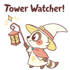 Cute Raccoon Character Holding Lantern and Wearing Witch Hat with Text Above in Cartoon Style