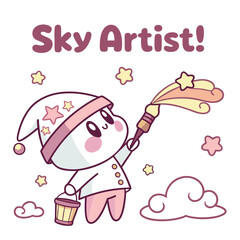 Whimsical Cartoon Character Painting Stars in the Sky with Bright Colors and Fun Clouds