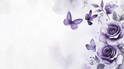Watercolor Lavender Roses and Butterflies