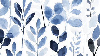 Blue and white leaf patterns forming an elegant and artistic botanical background with a natural and calming design.