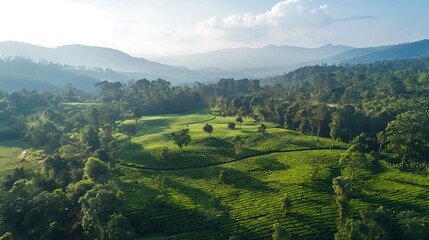 Obraz premium Serene Sunrise Over Lush Green Tea Fields. AI Generated