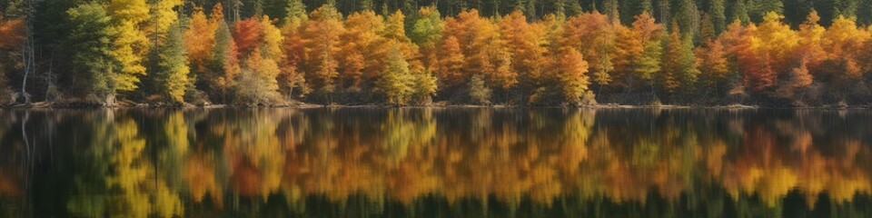 Fototapeta premium Dense thicket of deciduous trees in foreground reflecting off calm surface of autumn-colored Toketee Lake near Umpqua National Forest, autumn leaves, water, forest