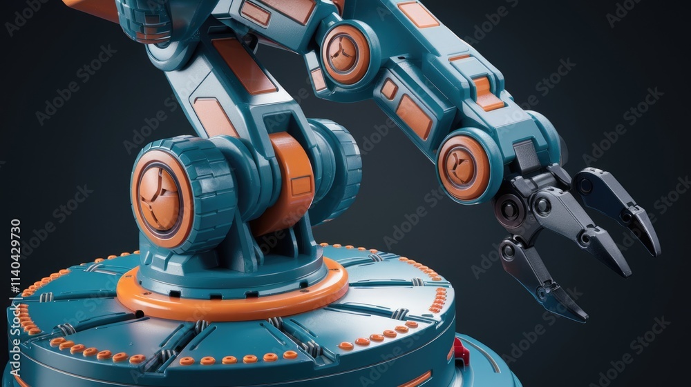 Aufkleber A close up view of a teal and orange robotic arm with a three fingered claw.