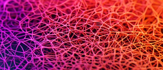 A vibrant abstract image showcasing a network of interconnected lines in shades of purple and orange.