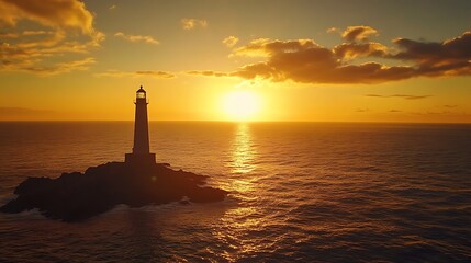 Fototapeta premium Lighthouse Silhouette at Sunset, Cornish Coastline. AI Generated
