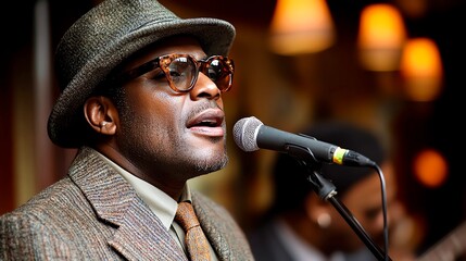 Man in stylish suit and hat singing passionately into a microphone