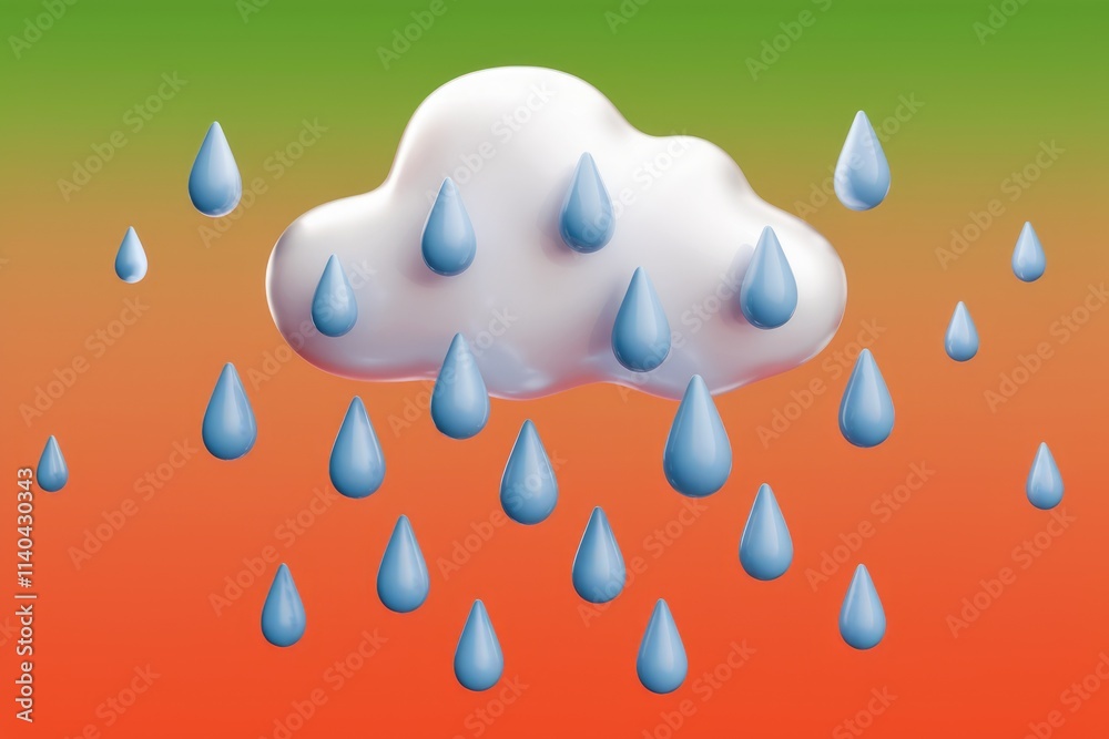 Poster 3d rendering of white cloud raining blue drops on colorful background.