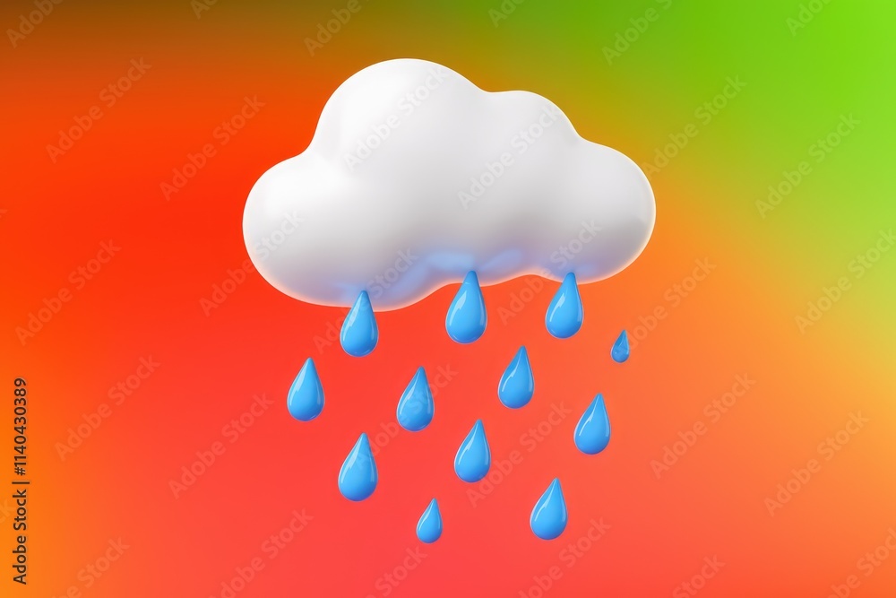 Poster a 3d rendering of a cartoon cloud with blue raindrops falling against a vibrant gradient background.