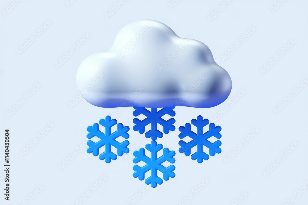 Poster a 3d render of a cloud with snowflakes falling symbolizing snow and winter weather.