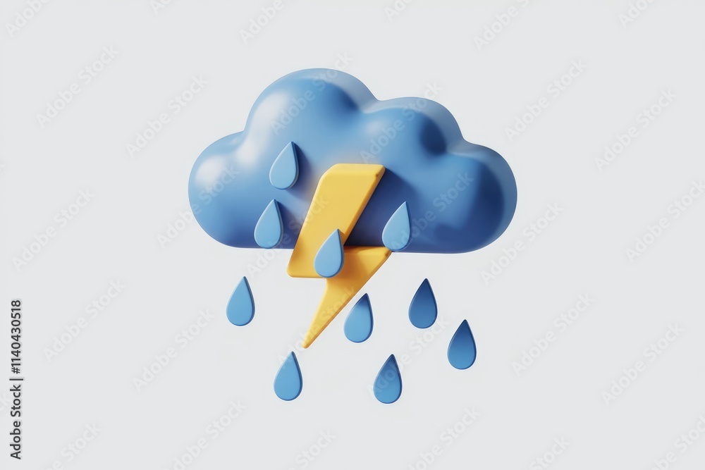 Poster 3d illustration of a blue rain cloud with lightning and raindrops symbolizing a thunderstorm.