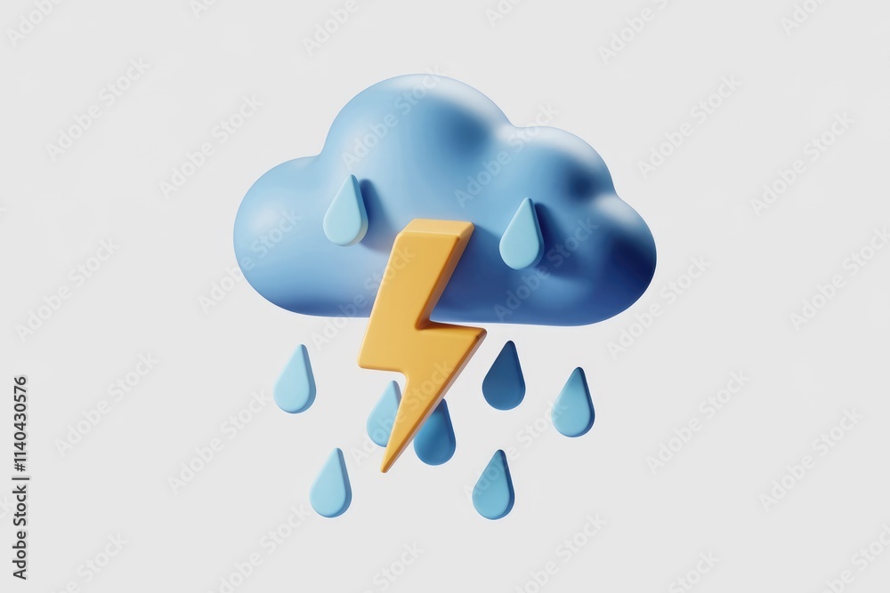 Poster 3D render of a blue cloud with lightning and rain drops  symbolizing a thunderstorm.