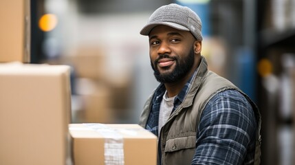 Obraz premium Warehouse worker lifting packages distribution center action shot indoor environment close-up view hard work concept
