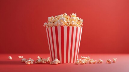 Popcorn and red striped box on a red background creating a movie night aesthetic