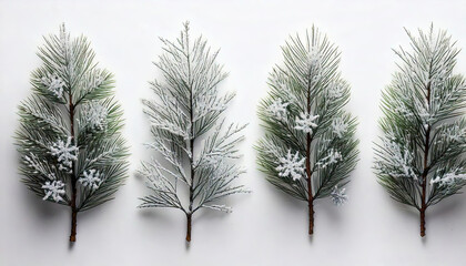 A collection of festive frosted pine branches with glimmering silver beads and glittery snowflakes, artistically placed on a white background.
