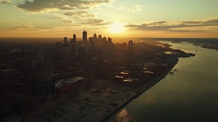 Naklejka premium Golden Hour Aerial View of Cleveland, Ohio Skyline at Sunset. AI Generated