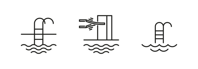 Swimming pool equipment icon set. Ladders and diving boards icons.