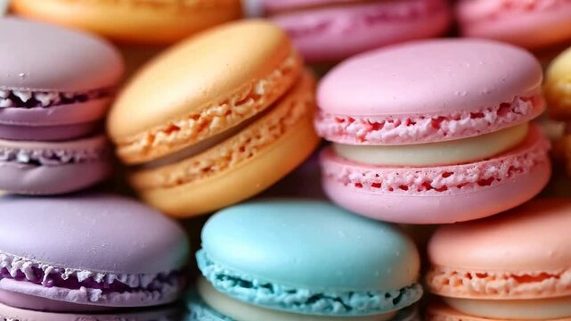 A close up of a variety of colorful macarons. The macarons are arranged in a way that they look like a rainbow