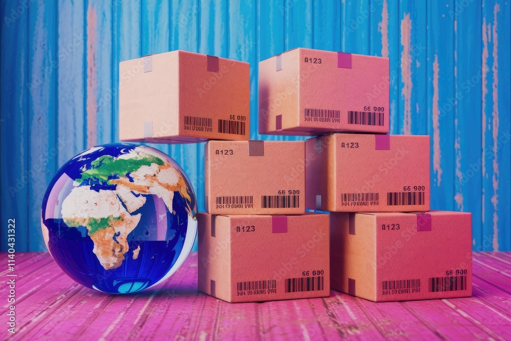 Aufkleber global e commerce symbolized by stacked cardboard boxes on globe.