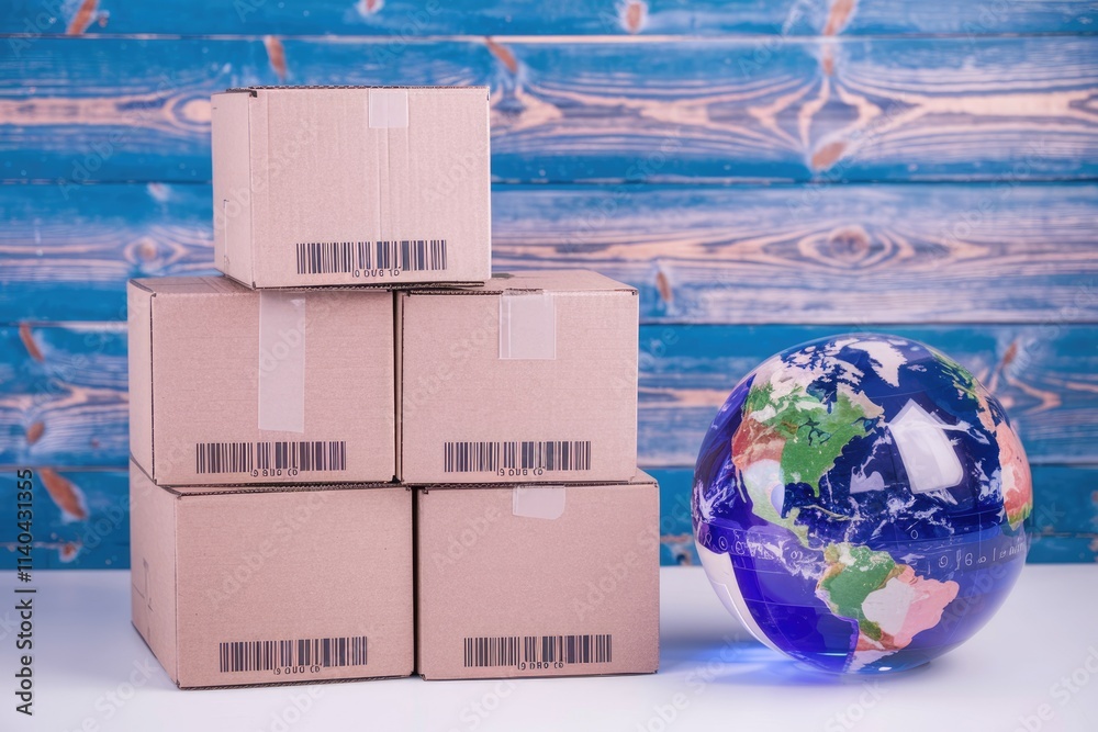 Aufkleber four cardboard boxes stacked with barcodes beside a globe symbolizing global shipping and trade.