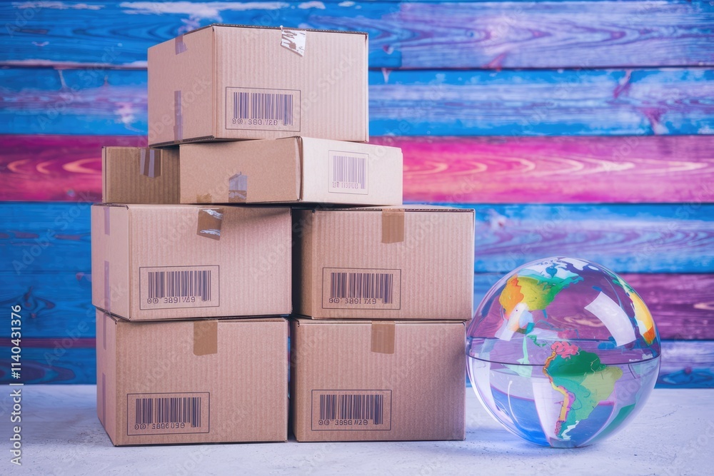 Aufkleber global shipping and e commerce represented by barcode boxes and globe.