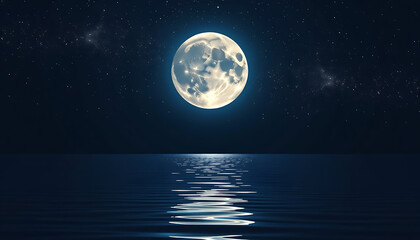 Moon Background: A stunning full moon glowing over a dark starry sky with gentle light reflecting off the calm water below. background copyspace