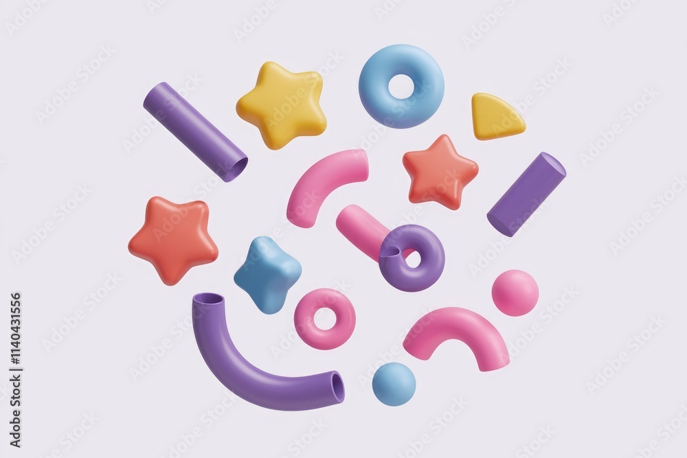 Poster colorful 3d shapes stars circles and tubes float playfully against a white backdrop.