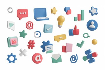 Colorful 3D icons representing social media  communication  and online collaboration.