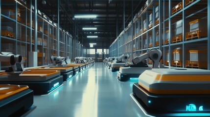 Obraz premium A futuristic warehouse filled with robotic arms and automated vehicles, showcasing advanced technology in logistics and supply chain management.