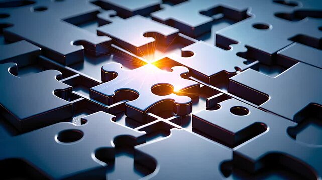 Close-Up of Dark Blue Puzzle Pieces with a Glowing Light Highlighting a Single Missing Connection

