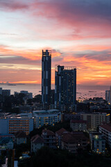 Sunset view from the 22nd floor of a condominium in Pattaya town Chonburi district Thailand Asia