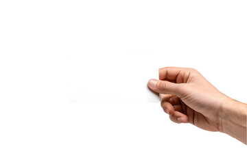 Male hand holding a blank card or a ticket/flyer, isolated on transparent background 