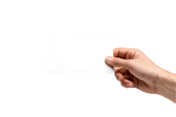 Male hand holding a blank card or a ticket/flyer, isolated on transparent background 