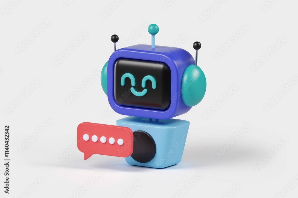 Fototapete a friendly 3d rendered robot displays a happy face and a speech bubble indicating communication.