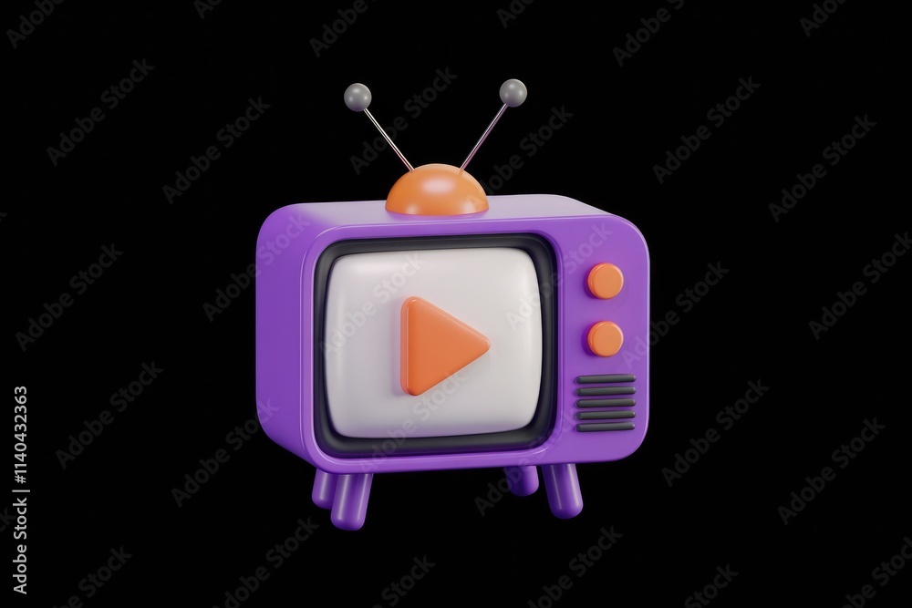 Poster retro purple tv with play button symbolizing video streaming or online content.