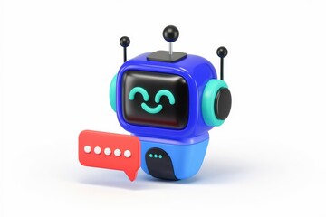 Friendly blue robot with antennas communicates via speech bubble.