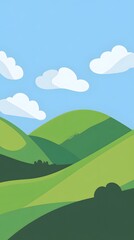 Obraz premium Cute cartoon vector-style landscape view of green fields with a blue sky, simple flat design