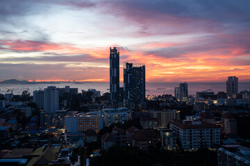 Sunset view from the 22nd floor of a condominium in Pattaya town Chonburi district Thailand Asia